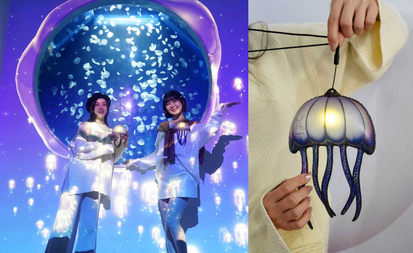 水母圓窗「Xpark Blue」冬季結合天燈上升景象傳遞祝福(左),目前館內也推出「2way星願水母燈籠」限量發售。(圖/魏妤靜攝)