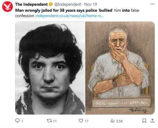 彼得．沙利文控訴警方當年以暴力與威脅逼供，迫使他簽下虛假自白。（圖／ 翻攝自X，The Independent）