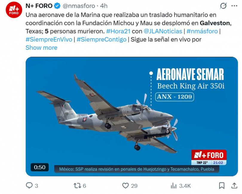 墜毀飛機為墨西哥海軍Beechcraft型機，正與「Michou y Mau基金會」合作轉送兒童病患。（圖／翻攝自，@nmasforo）
