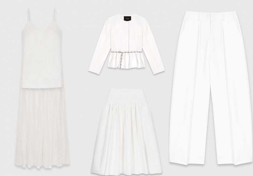 塔夫綢蕾絲洋裝/價格店洽,寶石腰鍊荷葉邊外套/17,590元,塔夫綢長裙/15,290元,氣球輪廓西裝長褲/11,490元(圖/品牌提供)