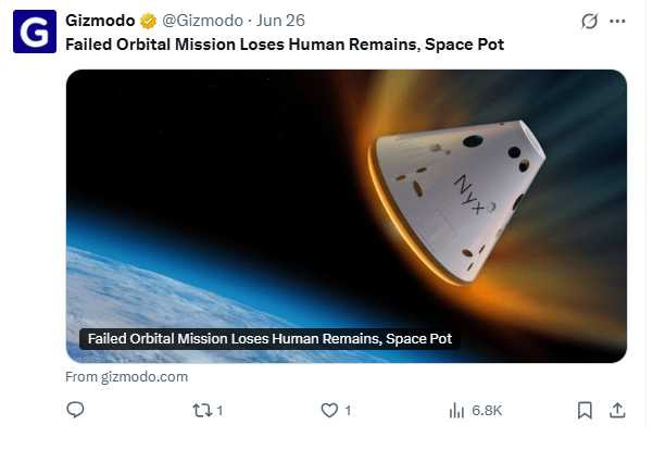 Nyx膠囊進入低軌道繞行地球兩圈後失事，遺骸最終沉入海底。（圖／翻攝自X）