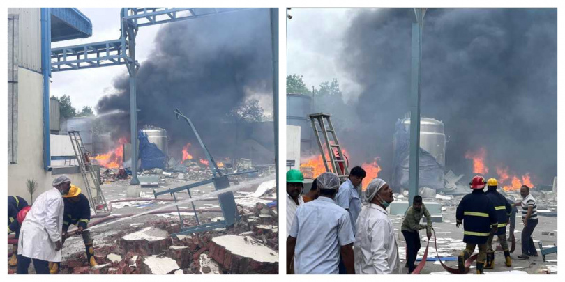爆炸引發大火吞噬整棟廠房，造成嚴重傷亡與建物倒塌。（圖／翻攝自X）