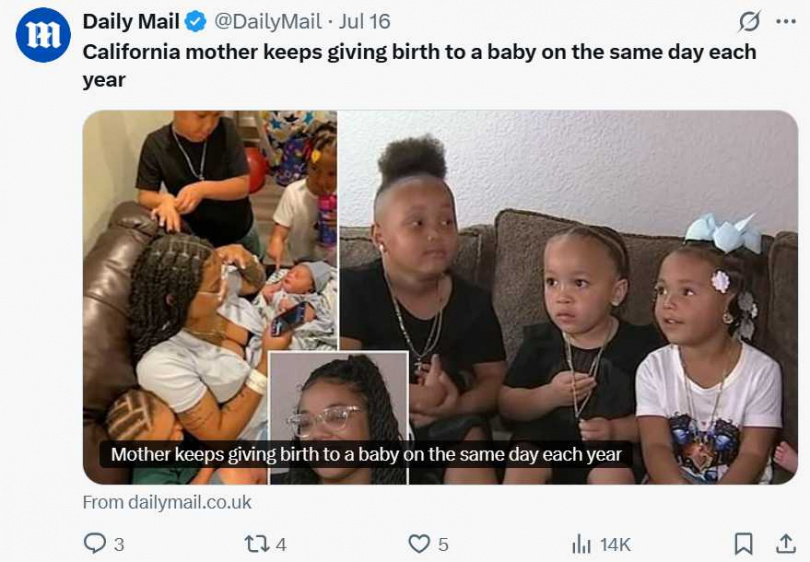 加州26歲媽媽諾莎‧德雷克迎來第四個寶寶，巧合的是，四個孩子全在7月7日出生。（圖／翻攝自X）