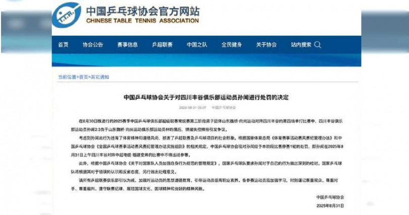 孫聞在桌球比賽負於林昀儒後摔拍,遭中國乒協處分停賽一輪。(圖/翻攝自中國兵乓球協會官網)
