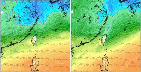 吳德榮指出,最新歐洲模式(ECMWF)模擬下週三2時850百帕溫度圖(左圖),與前一天對同時間的模擬圖(右圖)對比顯示,南下台灣的冷空氣略調弱。(圖/翻攝自氣象應用推廣基金會)
