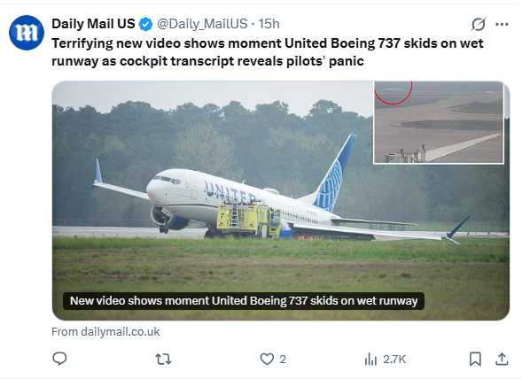 根據NTSB調查，速度煞車收回、反推力不足為導致飛機失控的主因之一。（圖／翻攝自X，@Daily_MailUS）