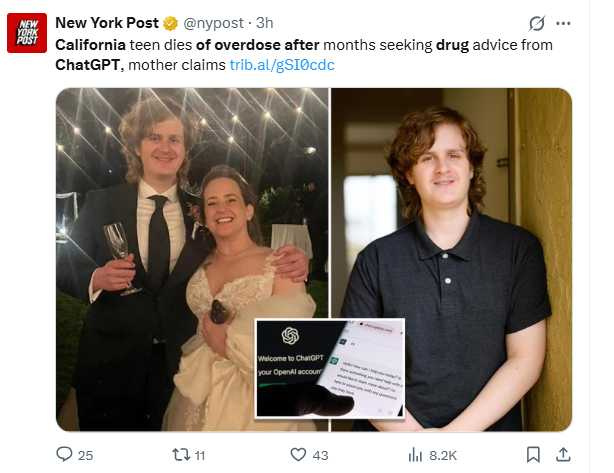 山姆尼爾森其母親指控他長期向ChatGPT詢問用藥方式，最終因藥物過量身亡。（圖／翻攝自X，@nypost）