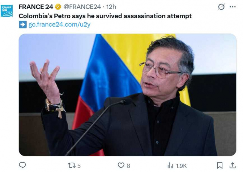 佩特羅上任以來多次指控遭毒梟組織威脅，安全疑慮不斷。（圖／翻攝自X，@FRANCE24）