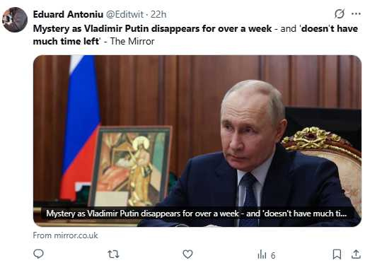 普丁近日未公開露面11天，引發外界對健康狀況的揣測。（圖／翻攝自X，@Editwit）