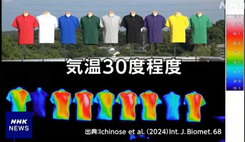 有日本研究顯示,在同樣日照條件下,白色衣服表面溫度最低,綠色和黑色則相對高溫。(圖/翻攝自臉書/NHK NEWS WEB)