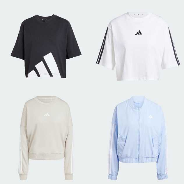 黑色運動短袖(女款)／1,290元，白色短版上衣(女款)／1,290元，淺藍色圓領開襟外套(女款)／2,490元，米色圓領衛衣上衣(女款)／1,890元。（圖／品牌提供）