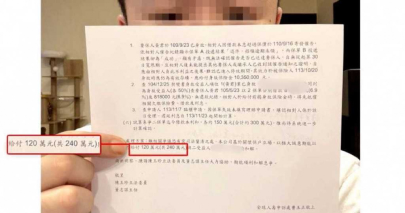 財團法人金融評議中心判定理賠後，全球人壽僅願意以240萬元與小楷和解。（圖／投訴人提供）