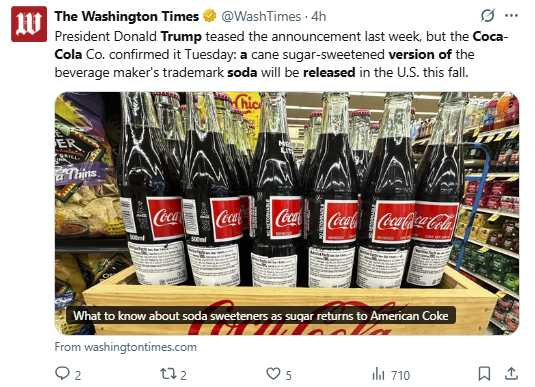 川普日前在社群平台宣布「可口可樂將改用甘蔗糖」,引發熱議。(圖/翻攝自X)