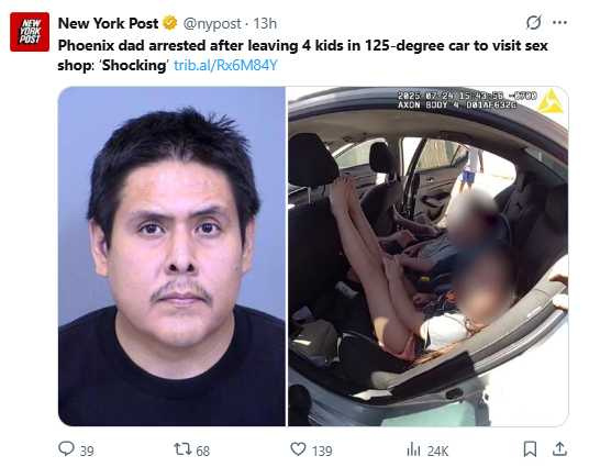 38歲男子拉哥因涉嫌將子女獨留高溫車內，面臨多項兒童虐待與危害安全罪名。（圖／翻攝自X）