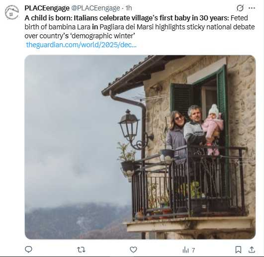 義大利中部阿布魯佐大區山村帕利亞拉．德伊．馬爾西迎來近30年來首名新生兒。（圖／翻攝自X，@PLACEengage）