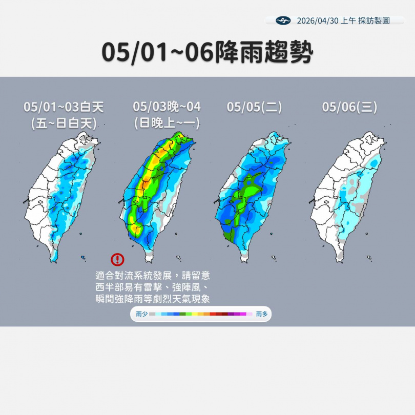 氣象署表示，週五至週日白天各地大致多雲到晴，僅花東、恆春半島有零星雨，午後山區仍有局部雷陣雨機會。（圖／氣象署提供）