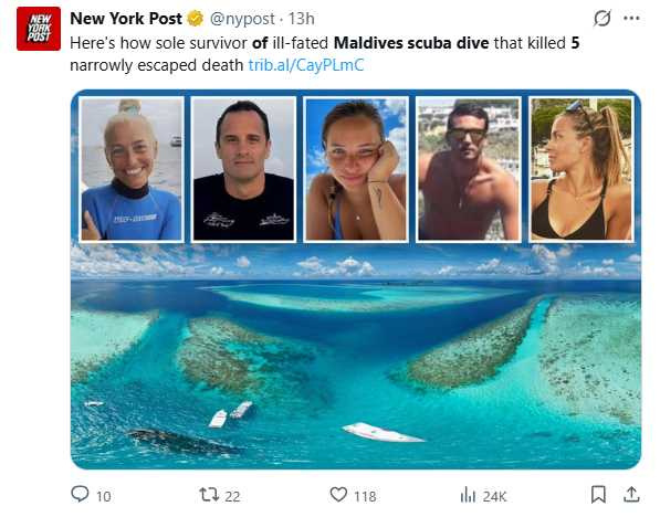 罹難者中包含海洋生物學教授、資深潛水教練與研究馬爾地夫環礁的學者，震驚義大利社會。（圖／翻攝自X，@nypost）