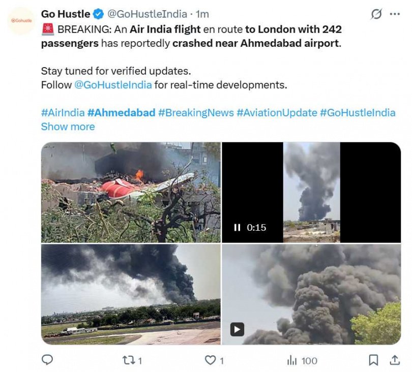 印度航空倫敦客機起飛5分鐘即墜毀，現場濃煙沖天。（圖／翻攝自X）