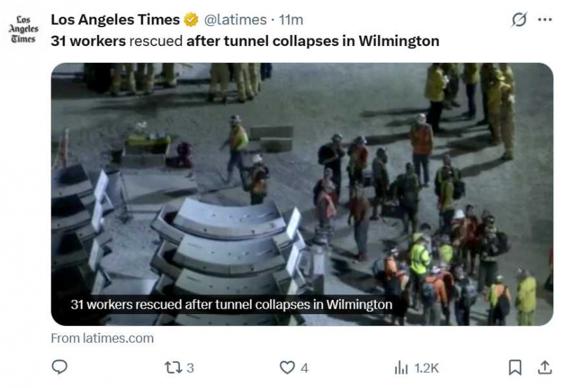 美國洛杉磯威明頓地區一處地下隧道施工現場突發坍塌事故，所幸逾30名工人順利逃出，無人傷亡。（圖／翻攝自X）