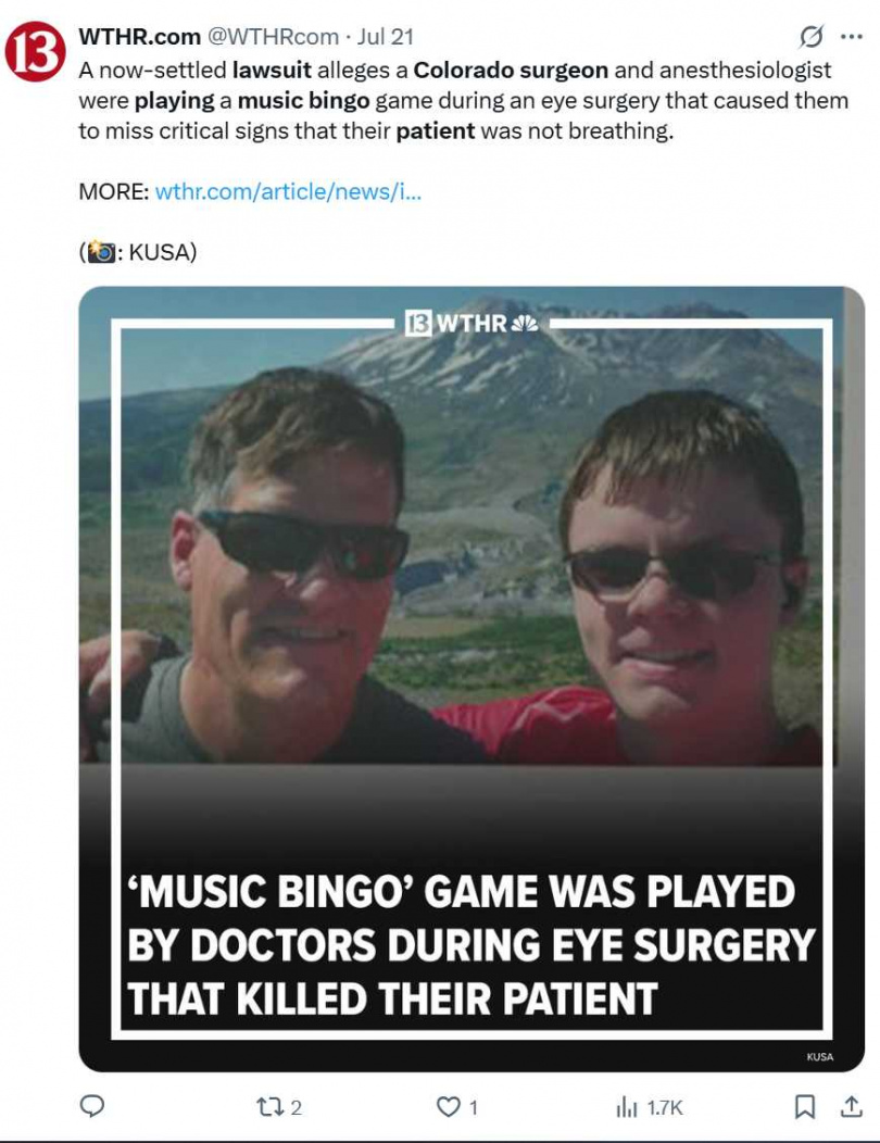 涉案醫師被控在手術時玩「音樂賓果」，忽略病患缺氧情況。（圖／翻攝自X）