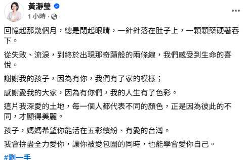 台北市議員黃瀞瑩感性回憶數月療程，從失敗與流淚到驗孕成功，感謝孩子帶來家的模樣。（圖／取自黃瀞瑩臉書）
