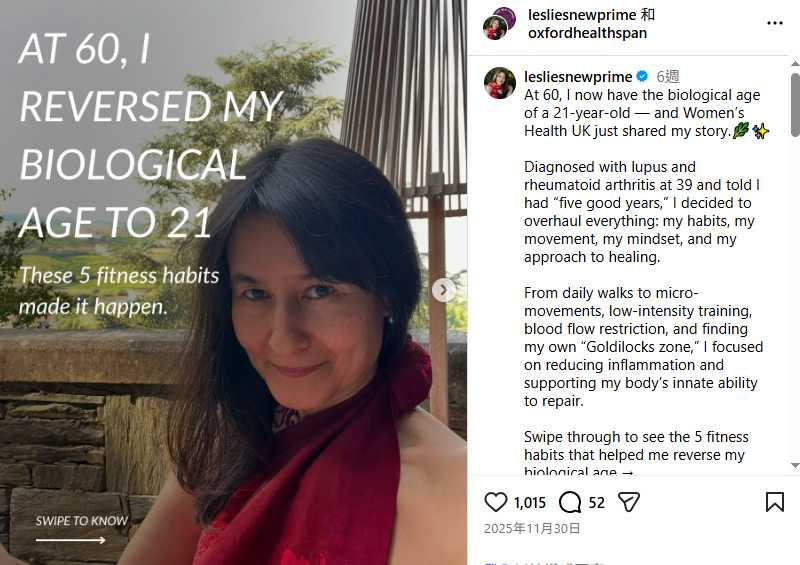 透過科學生活調整與持續行動，萊絲莉成功逆轉生理老化，活出全新節奏。（圖／翻攝自IG， @Leslie Kenny）