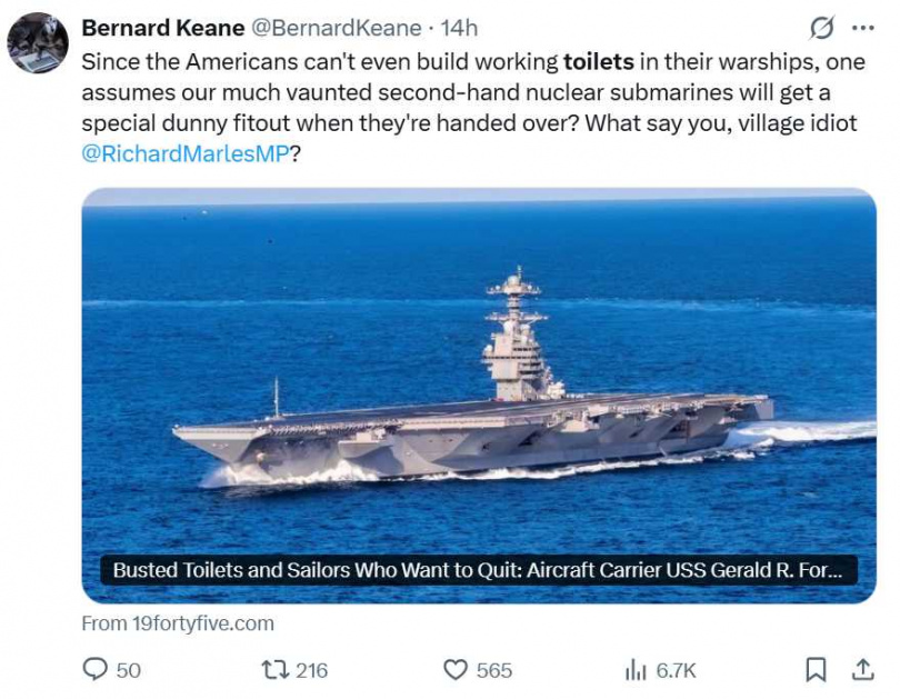 外媒報導指出,福特號排污系統頻繁維修,艦上後勤運作成為關注焦點。(圖/翻攝自X,@BernardKeane)