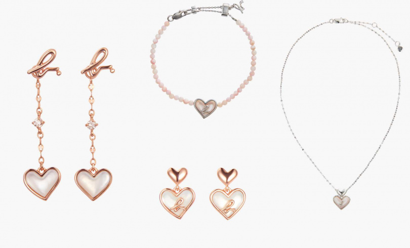agnès b. About love鍊式耳環／4,980元、心形手鍊／5,980元、玫瑰金心形耳環 ／4,280元、心形項鍊／6,580元（圖／品牌提供）