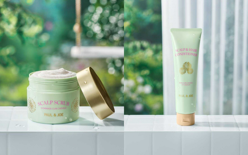 PAUL&JOE凡爾賽花園頭皮磨砂膏240g/1,550元、凡爾賽花園頭皮髮絲修護乳200g/990元(圖/品牌提供)