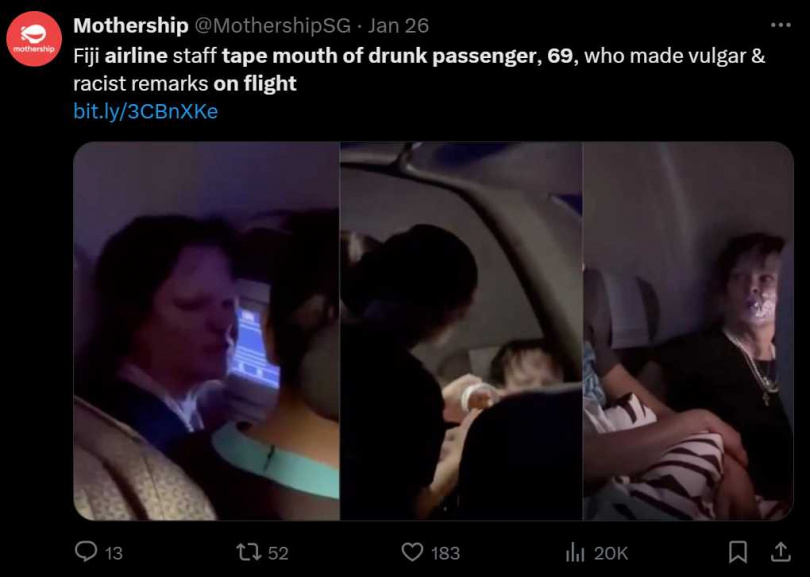 斐濟航空近日就以超強硬手段固定一位鬧機的女乘客、拿膠帶封住她的嘴。（圖／翻攝自X）