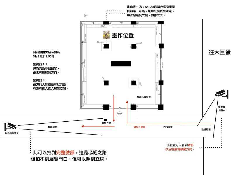 館方調閱監視器，鎖定可疑人士。（圖／翻攝自Garytu's Fashion Illustration臉書）