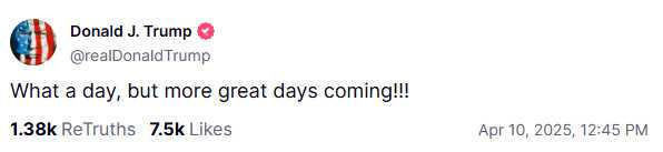 川普喊道「多棒的一天」。（圖／翻攝自Truth Social）