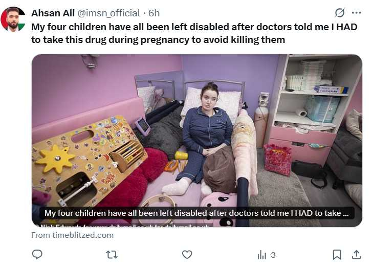 英國女子克因懷孕期間服用抗癲癇藥,導致4名子女皆患有嚴重殘疾。(圖/翻攝自X)