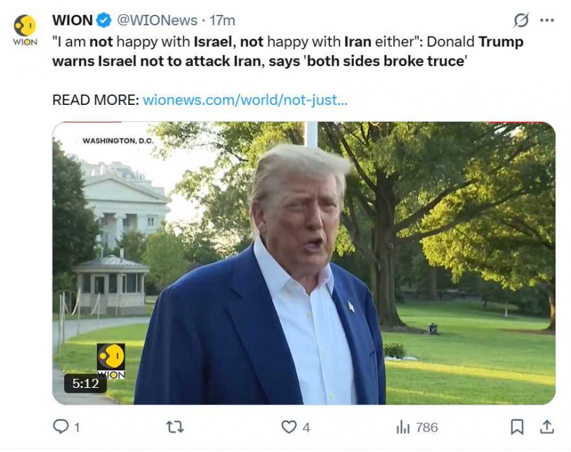 伊朗否認發射飛彈 川普呼籲以色列「冷靜下來」。(圖/翻攝自X)