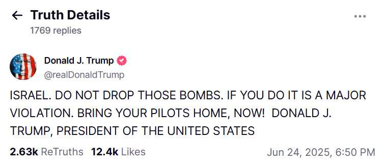 以色列空襲行動引發川普不滿,指其嚴重違反協議。(圖/翻攝自Truth Social)