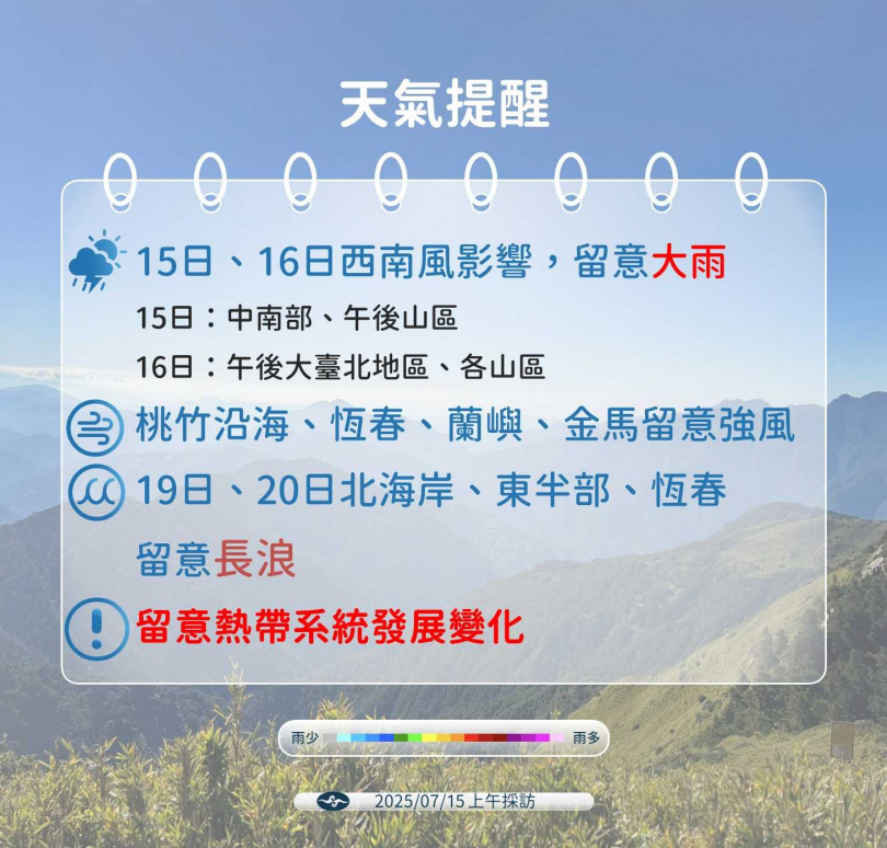 天氣提醒。(圖/氣象署提供)