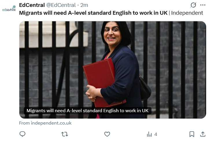 根據《BBC新聞》報導,英國內政部於國會提出移民語言門檻新制,預計2025年11月起實施。(圖/翻攝自X,@EdCentral)