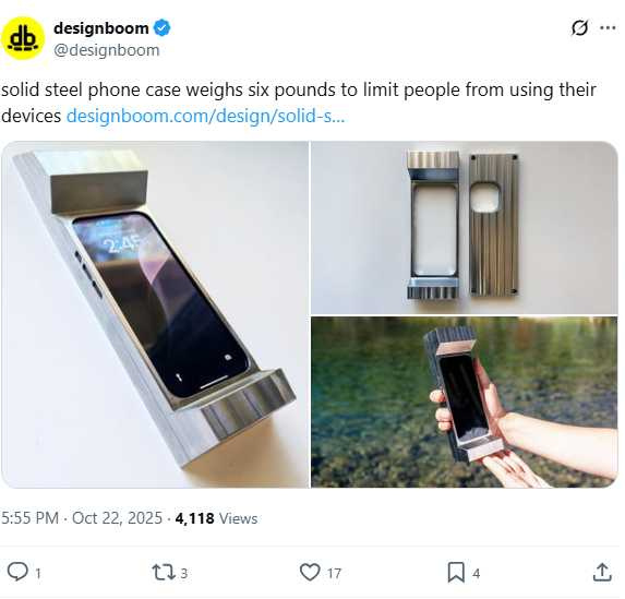 這款手機殼以不鏽鋼打造,設計上刻意加厚上下邊框,呈現復古工業風。(圖/翻攝自X,@designboom)