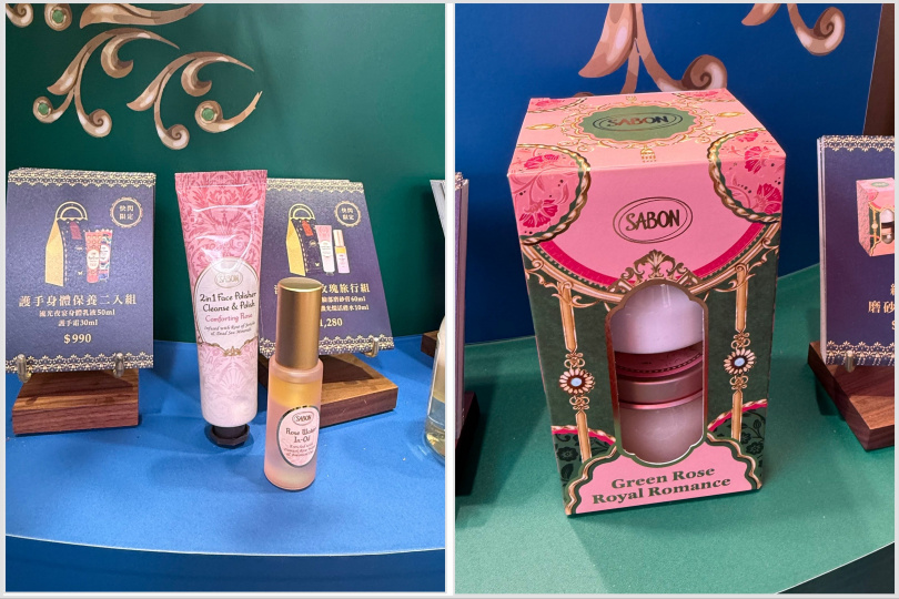 (左)SABON潔膚保濕玫瑰旅行組1,280元。(右)SABON綠玫瑰磨砂保養禮盒 1,880元。(圖/黃筱婷攝)