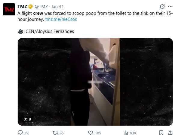 機組人員在無可避免的狀況下，挺身而出處理不潔作業，確保乘客旅程不受影響。（圖／翻攝自X，）