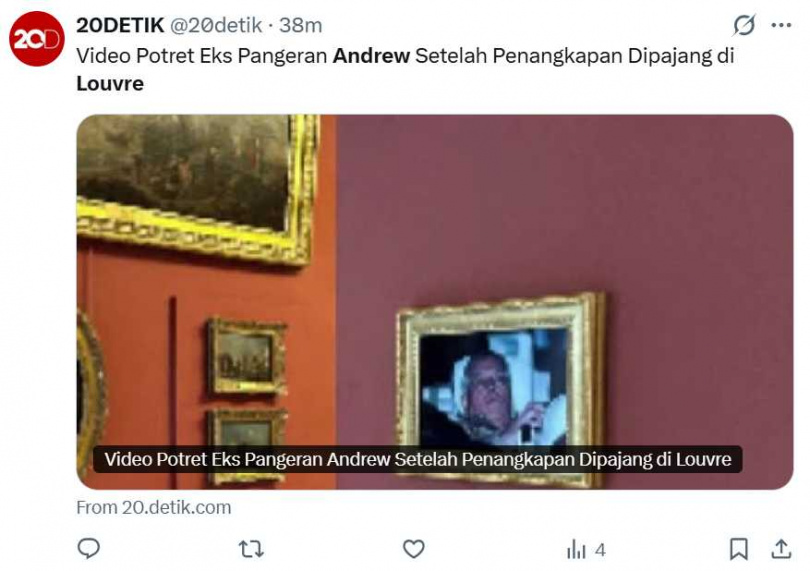 金色畫框搭配標語《他現在流汗了》，在館內形成短暫展示。（圖／翻攝自X，@20detik）