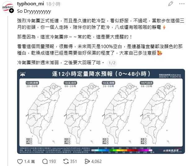 氣象粉專指出，未來兩天全台降雨機率接近0％。（圖／翻攝自氣象粉專「台灣颱風論壇｜天氣特急」）