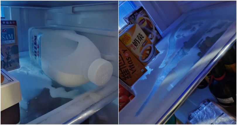 一名男網友哀號，每次買家庭號鮮奶，冰箱都會發生「漏奶」悲劇。（圖／擷取自Facebook／Costco好市多 商品經驗老實說）