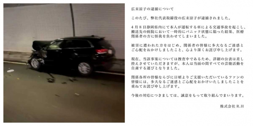 廣末涼子車禍現場照瘋傳，公司證實廣末涼子因恐慌發作，才攻擊護理師，現暫時停工。（圖／翻攝自X、R.H官網）