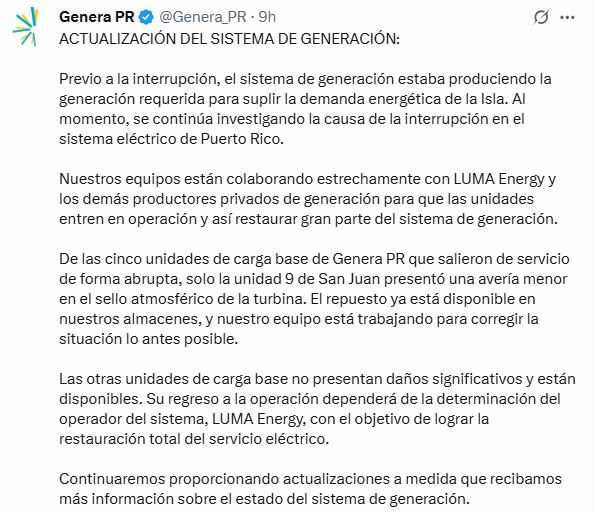 波多黎各發電公司「Genera PR」貼文。（圖／翻攝自X／Genera PR）