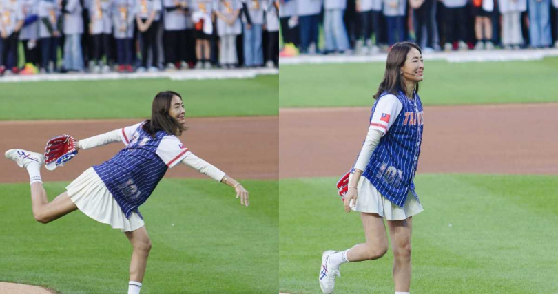賈永婕「代表台灣」在紐約大都會球場開球。（圖／翻攝自臉書／賈永婕的跑跳人生）
