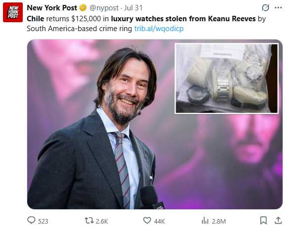 《捍衛任務》主演基努李維贈與替身演員的限量紀念錶，2023年遭竊後現身智利，讓戲劇場景彷彿走入現實。（圖／翻攝自X）