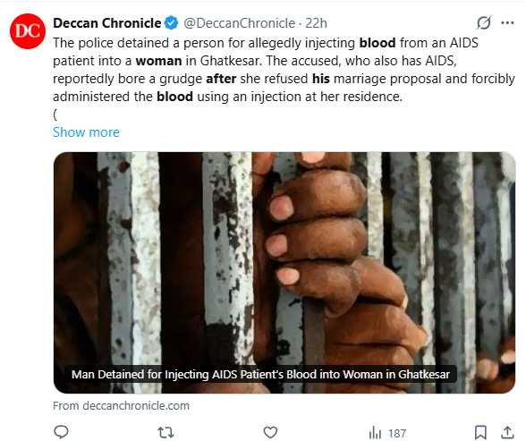 警方表示，男子與女子原本準備結婚，但女方得知男方為HIV陽性後取消婚事。（圖／翻攝自X，@DeccanChronicle）