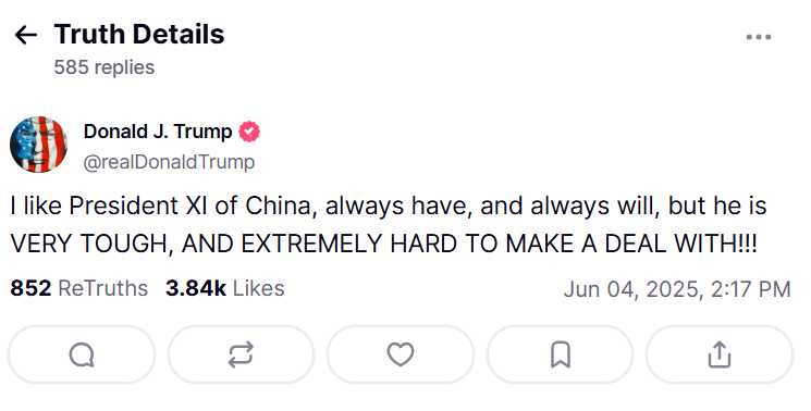 美國總統川普近日在社群平台上發文批評習近平「非常強硬」，讓外界憂心川習通話是否會如期進行。（圖／翻攝自Truth Social）