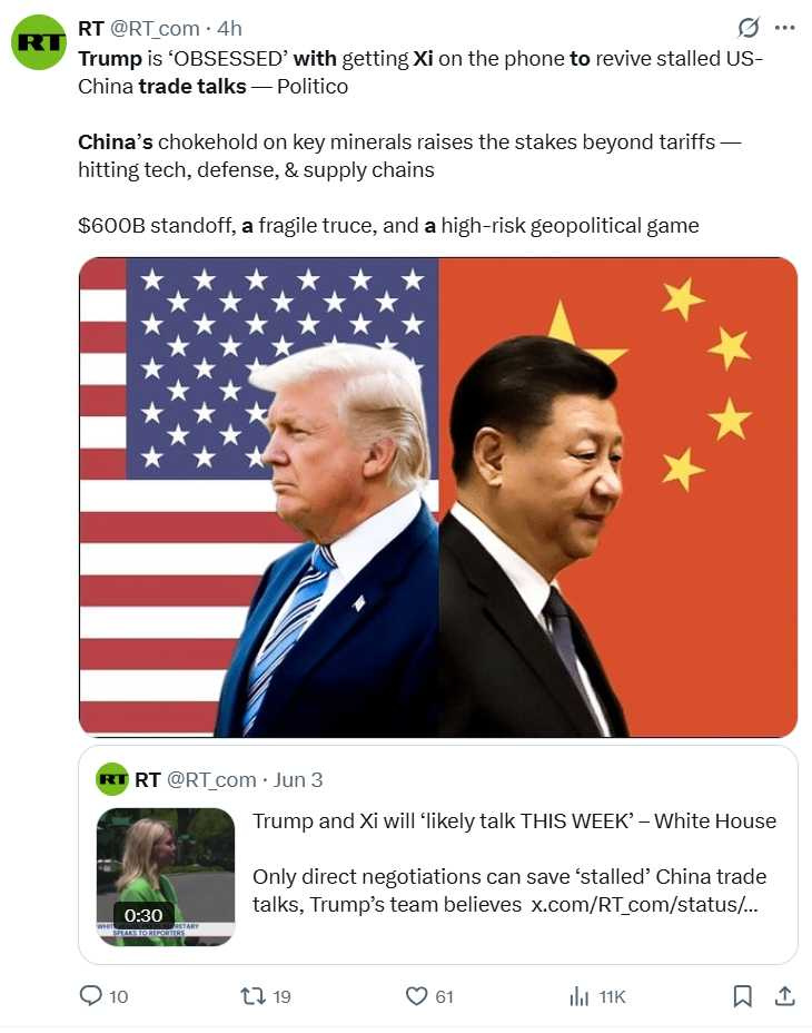 美國總統川普近日在社群平台上發文批評習近平「非常強硬」，讓外界憂心川習通話是否會如期進行。（圖／翻攝自X）